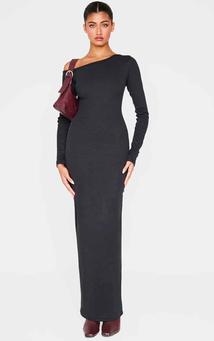 Black Ribbed One Shoulder Long Sleeve Maxi Dress | Dresses | PrettyLittleThing US