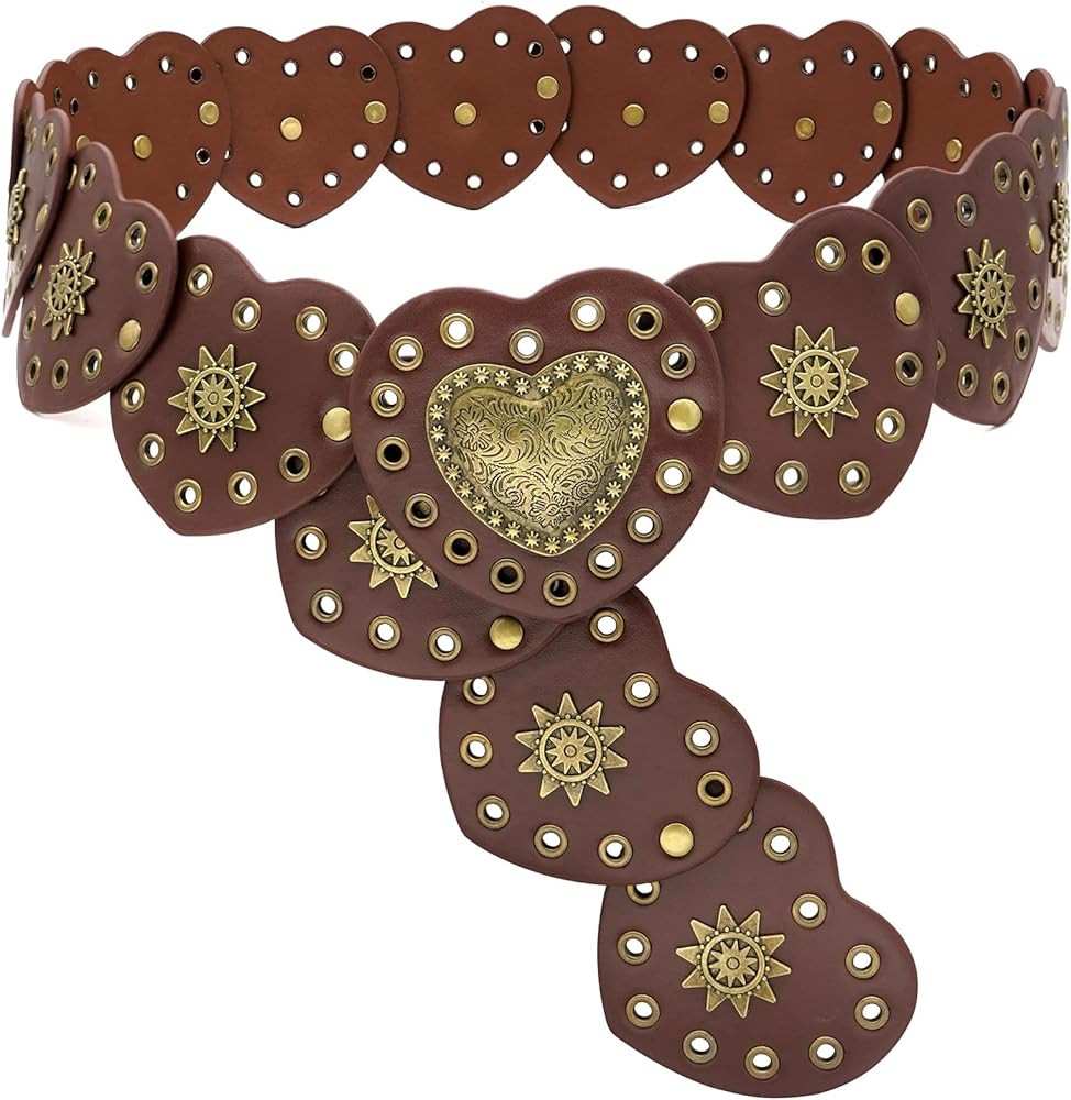 Wide Disc Belts Hollow Heart Leather Belt Vintage Western Belts for Women Dresses | Amazon (US)