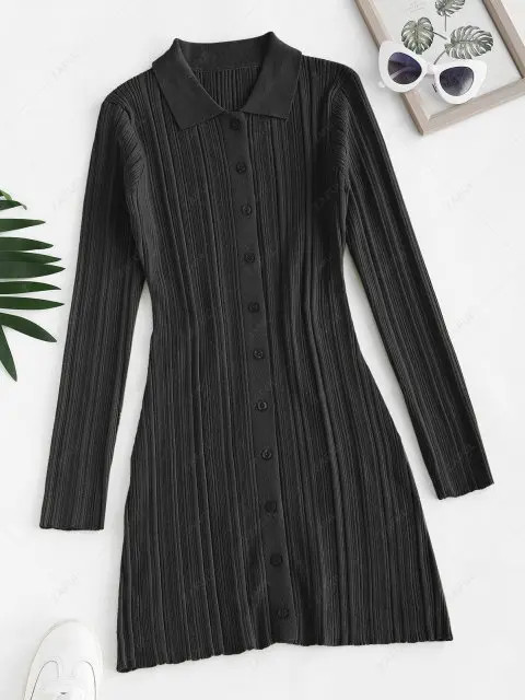 Button Up Ribbed Bodycon Sweater Dress - Black S | ZAFUL (Global)