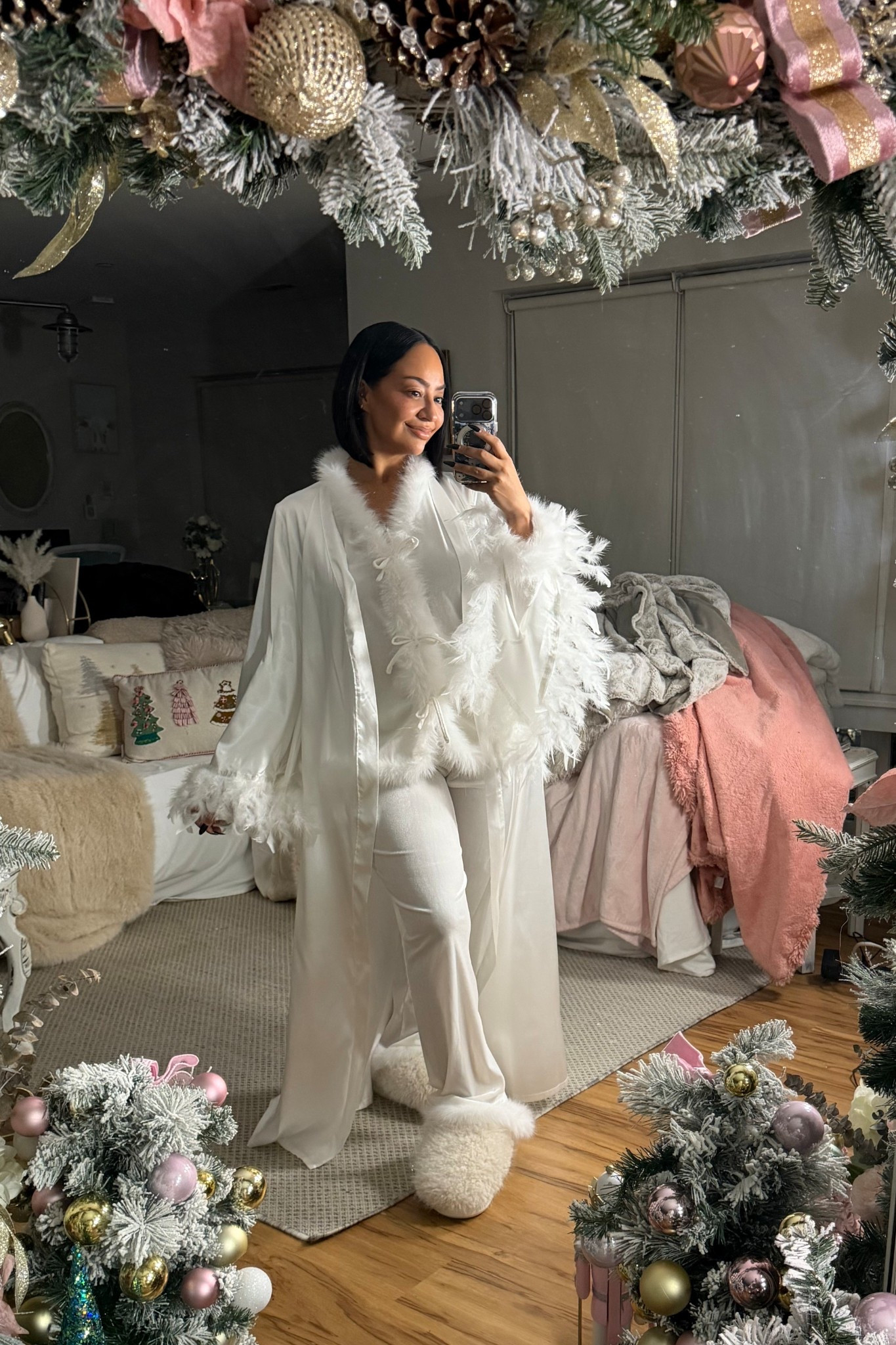 LUXE FOR LESS GIRLS! These velvet fur trimmed pajamas with this satin feather trimmed robe?! The ultimate in soft girl sleepwear. 😍✨🤍 I’ve also listed similar options for all price points! 

Pajamas have stretch and fit true to size! Robe is non stretch and I sized up. 5’3 Size 8/M. M in the pjs L in the robe. 

slippers
bridal pajamas
bridal robe 

#LTKPetite #LTKFindsUnder50 #LTKOver40