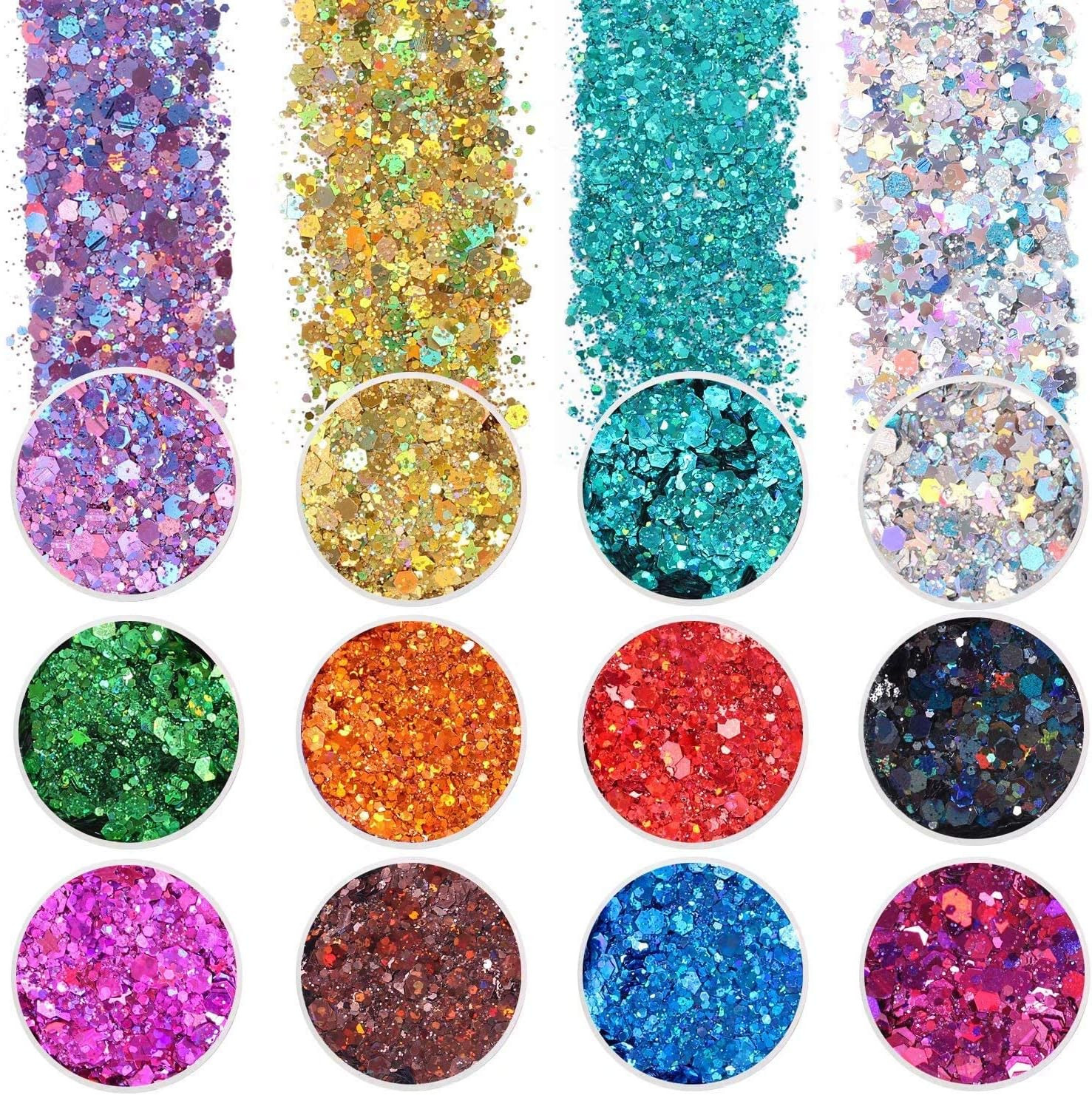 Holographic Chunky Glitter, Set of 12, Licool Craft Glitter for Resin Art Crafts, Cosmetic Glitter for Nail Body Face Eye, Epoxy Resin Sequin Flake Sparkle for Slime Tumbler Jewelry Making | Amazon (US)