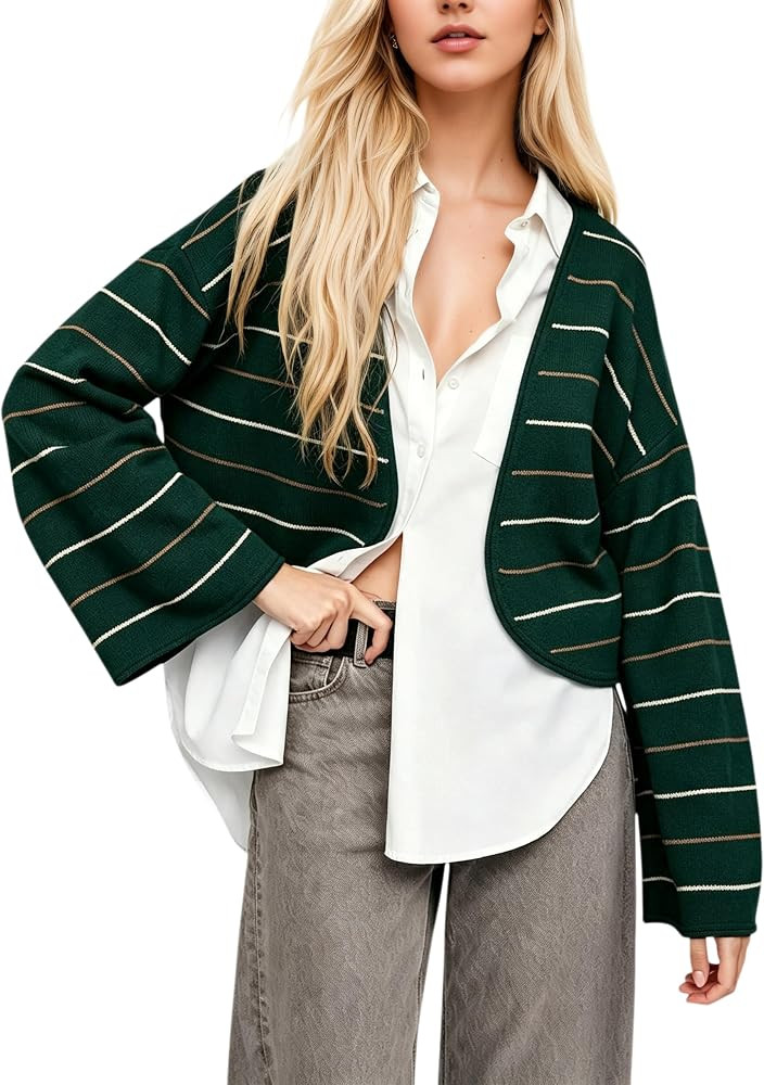 Meladyan Women Striped Flare Long Sleeve Oversized Crop Sweater Cardigan | Amazon (US)