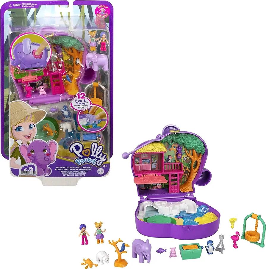 Polly Pocket Compact Playset, Elephant Adventure with 2 Micro Dolls & Accessories, Travel Toys wi... | Amazon (US)