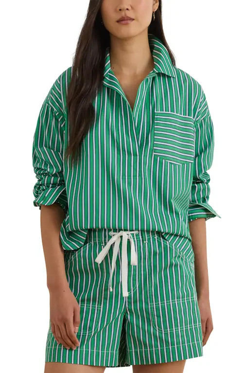Lauren Ralph Lauren Stachee '70s Stripe Cotton Broadcloth Popover Shirt in Green/White Multi at Nordstrom, Size Large | Nordstrom