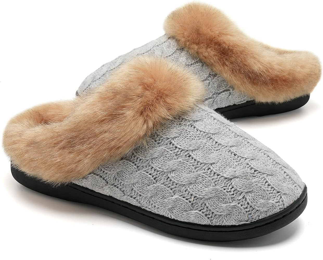 Women's Memory Foam Slippers Knitted Fur Collar House Shoes Anti-Skid Sole for Indoor & Outdoor | Amazon (US)