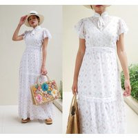 Vintage 1970's White Off Color With Floral Print Maxi Dress, High Neck Lace Wedding Dress | Etsy (UK)