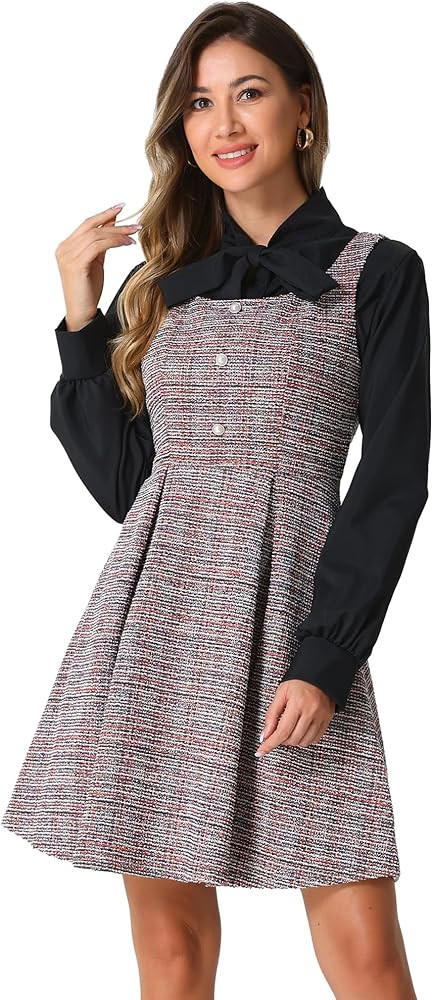Allegra K Tweed Dress for Women's Sleeveless Plaid A-Line Pinafore Overall Dress | Amazon (US)