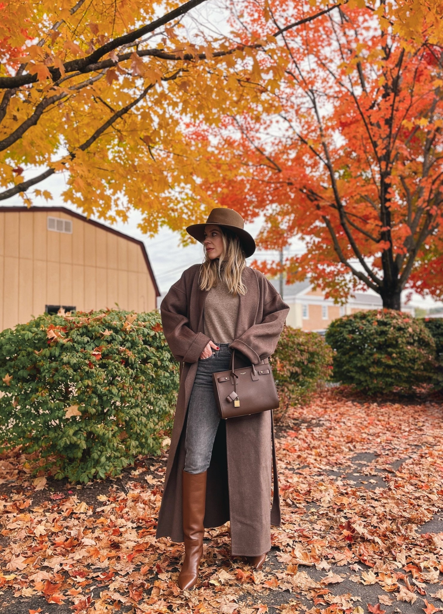 Classic fall outfit with dark brown wool coat, wool hat, gray skinny jeans with point toe stiletto boots