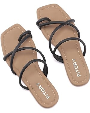 FITORY Women's Slide Sandals Flat Toe Ring Thongs with Cross Strap for Summer Size | Amazon (US)