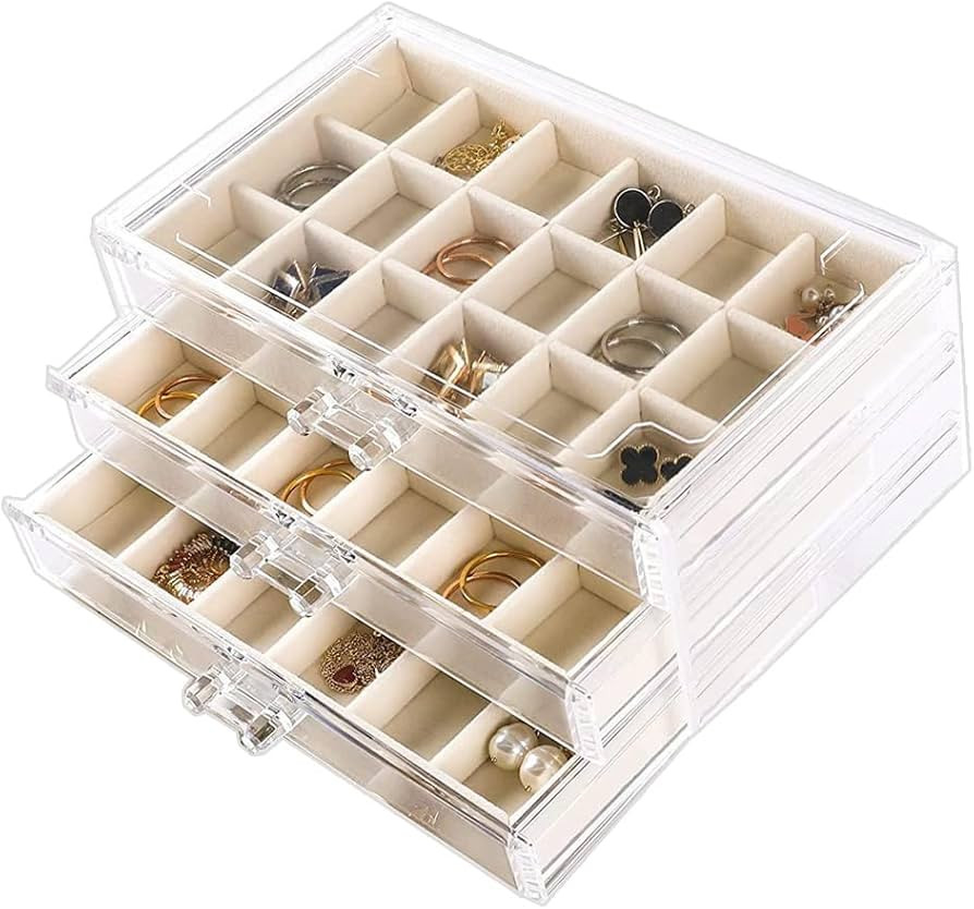Earring Organizer Box Acrylic Jewelry Organizer with 3 Drawers 54 Adjustable Grids Clear Stackabl... | Amazon (US)