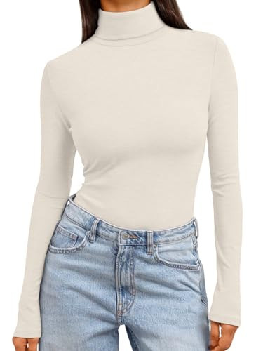 Trendy Queen Women's Turtleneck Long Sleeve Shirts Fall Fashion BasicThermal Underwear Tops Winter Clothes 2025 Beige XXL | Amazon (US)