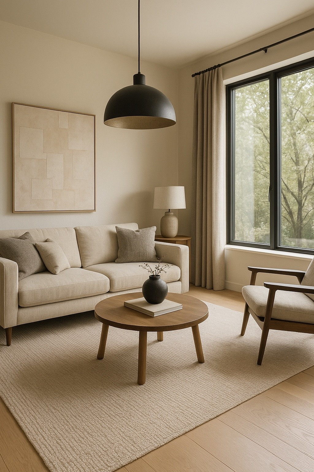 Soft, calm, Scandinavian vibes 🤍🌿
This modern neutral living room is styled with a light textured sofa, warm wood accents, a minimalist round coffee table, and a clean black pendant for contrast.
It’s the perfect blend of cozy and modern — airy, timeless, and effortlessly chic.

Shop the full Scandinavian-inspired look to bring this peaceful aesthetic into your home ✨ #scandinavianinterior #scandinavianlivingroom #neutralhome 
#modernlivingroom #cozylivingroom #minimalistinterior 
#neutraldecor #homedesigninspo #interiorinspo #moderninteriors 
#beigelivingroom #woodandneutral #modernhomestyle 
#LTKhome #LTKlivingroom #LTKinterior