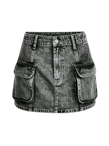 Floerns Women's High Waisted Denim Mini Skirt Flap Pocket Bodycon Jean Cargo Skirts Grey X-Small | Amazon (US)