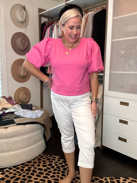 I absolutely love this target, puffy sleeve top that they brought back this year. I’m wearing my true size large and can’t recommend it enough. I paired it with my favorite cropped white jeans from Maurices and I sized up one size.


#LTKunder100 #LTKFind #LTKFestival