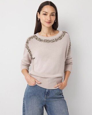 Women's Petite Rhinestone Crewneck Sweater in Heathered Stardust size XXS | White House Black Market | White House Black Market