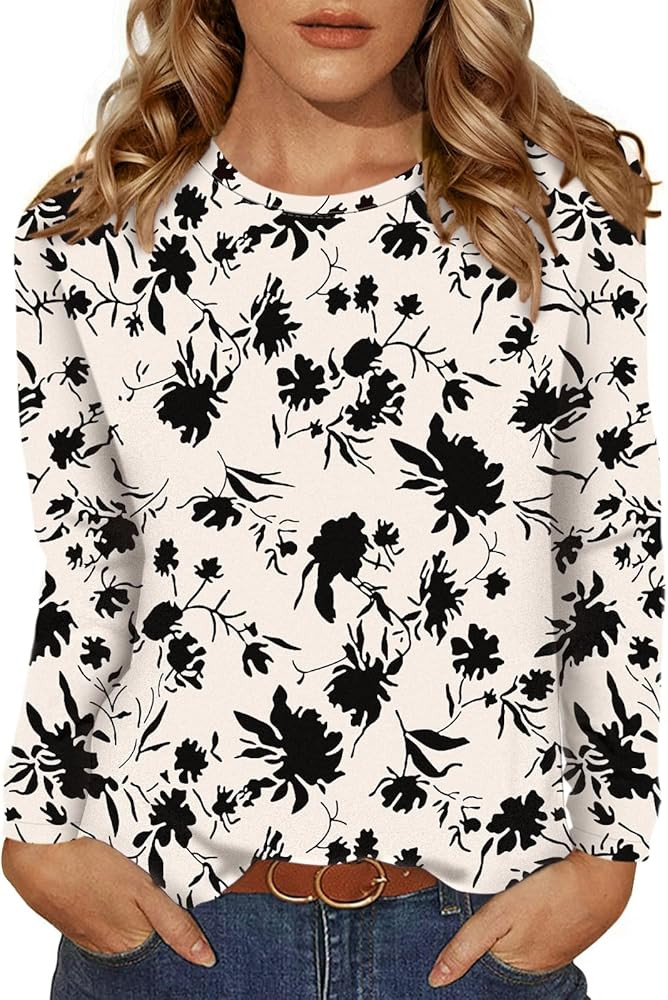 Sherosa Womens Floral Long Sleeve Shirts Crewneck Loose Fit Tunic Tops Business Dressy Casual Blo... | Amazon (US)