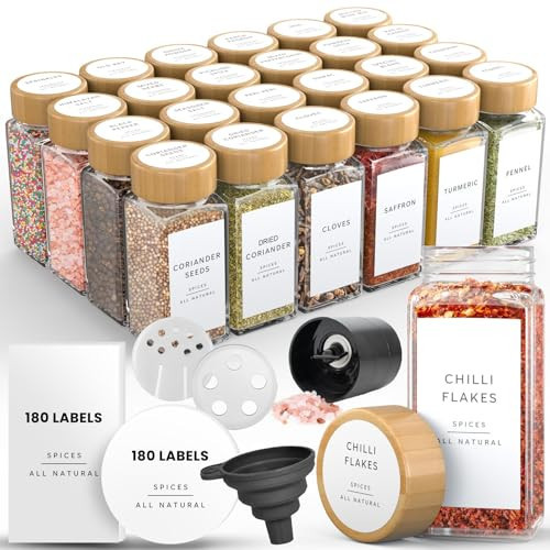 Livabl Glass Spice Jars with 360 Labels -24 pcs- 4oz- Spice Containers with Bamboo Lids -Shaker Lids- Pepper Grinder-Spice Organization for Cabinet-Drawer-Rack-Seasoning Organizer-Square bottles | Amazon (US)
