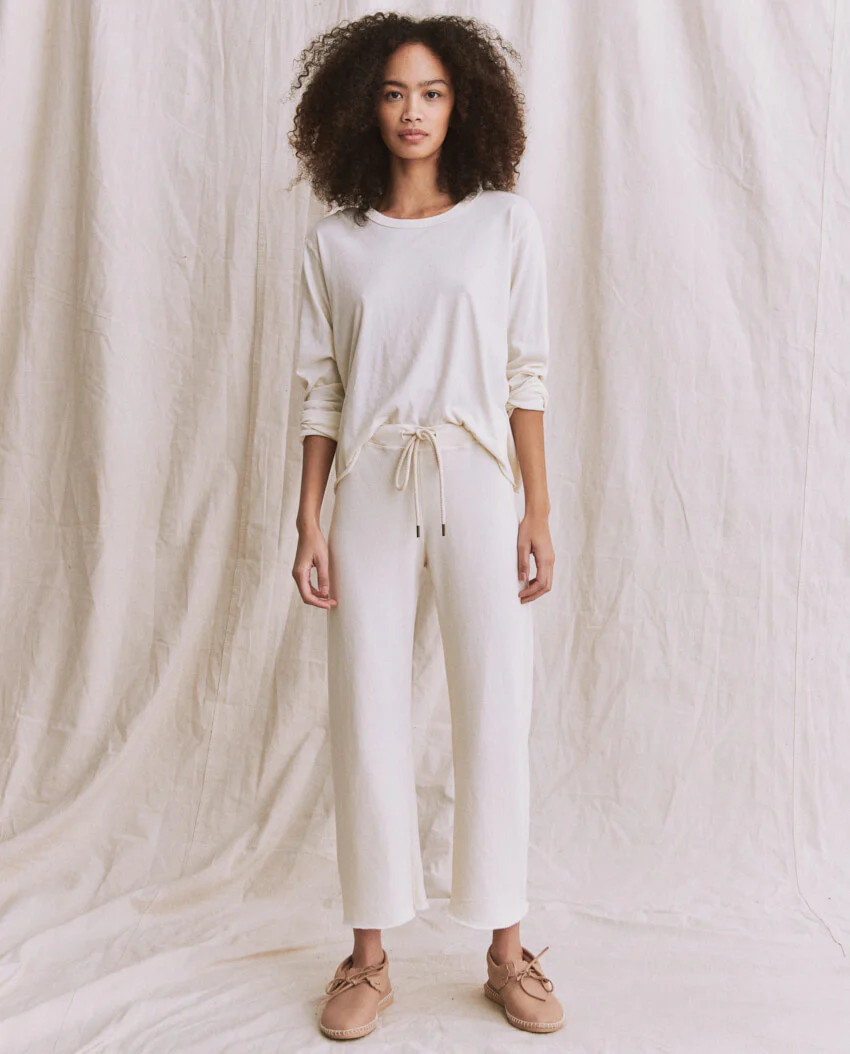 The Wide Leg Cropped Sweatpant. -- WASHED WHITE | THE GREAT.