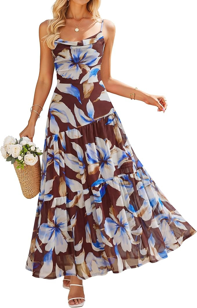 ZESICA Women's Summer Floral Sleeveless Maxi Dress 2026 Boho Mesh Spaghetti Strap Flowy Beach Wed... | Amazon (US)
