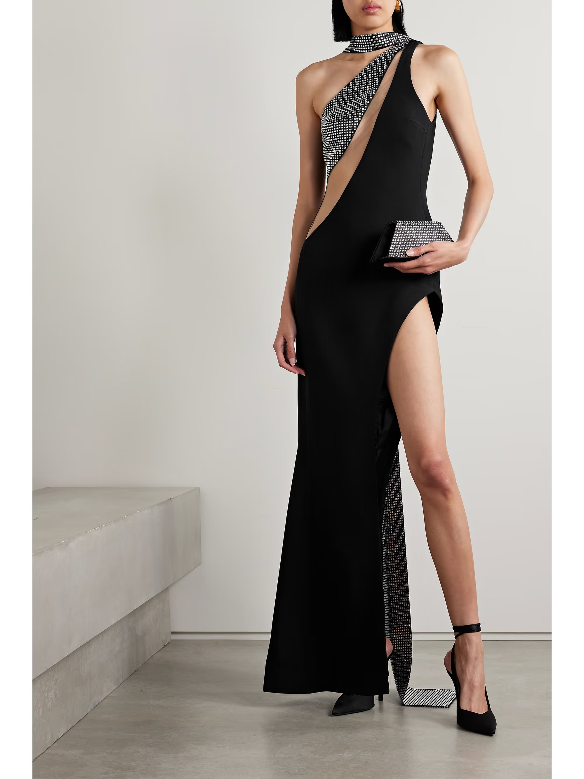 Asymmetric mesh-trimmed crystal-embellished cady gown | NET-A-PORTER (US)