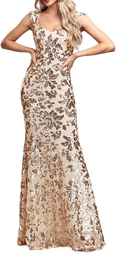 Noufany Mermaid/Trumpet Floral Sequined Evening Party Gown V Neck Sleeveless Floor Length Wedding... | Amazon (US)