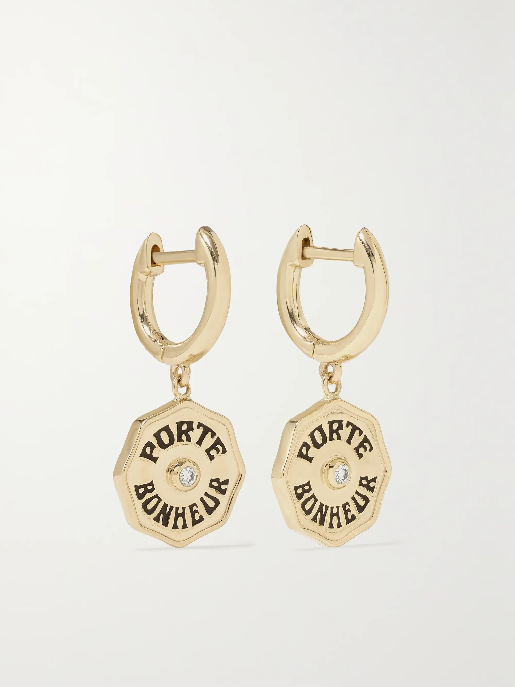 Wee Porte Bonheur 14-karat gold, enamel and diamond hoop earrings | NET-A-PORTER (US)