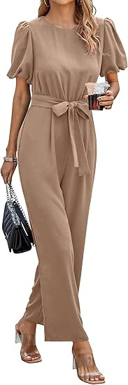 PRETTYGARDEN Jumpsuits for Women Dressy Summer Short Puff Sleeve Wide Leg Pants Romper Belted Cas... | Amazon (US)