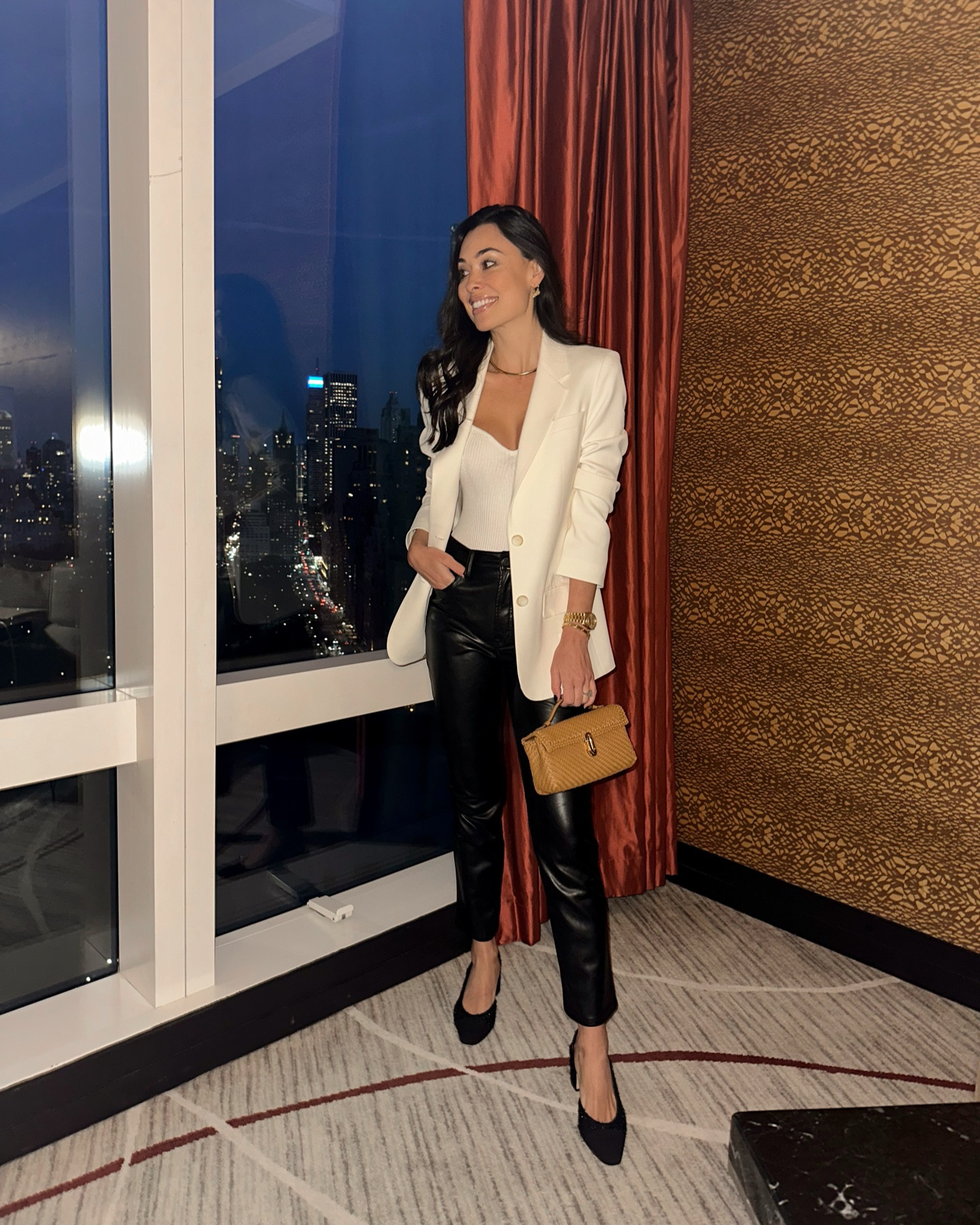 Kat Jamieson wears a cream blazer, leather pants, a bodysuit, Savette bag and Chanel slingback pumps. Date night, ootn, classic outfit. 

#LTKitbag #LTKSeasonal #LTKshoecrush
