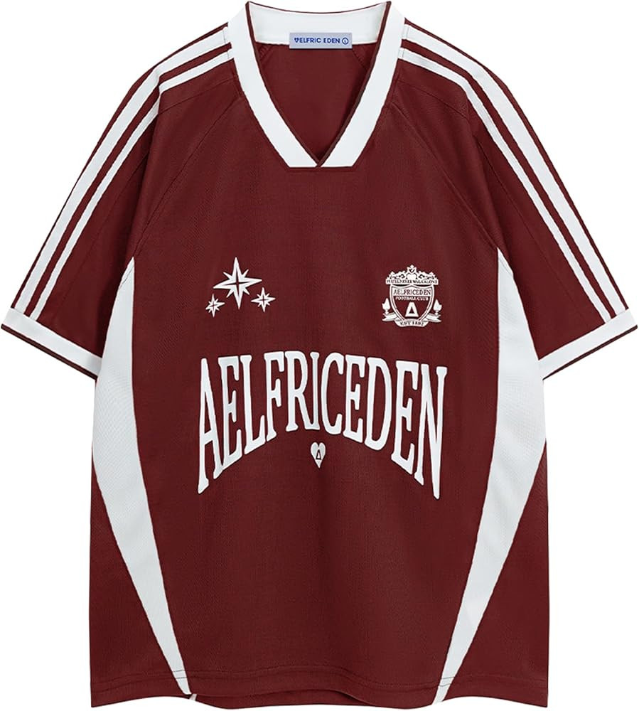 Aelfric Eden Jersey Shirts Women Oversized Mesh V Neck Graphic Tees Y2k Color Block Short Sleeve ... | Amazon (US)