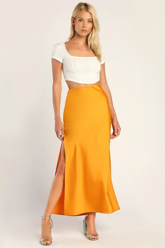 Smooth Sophistication Marigold Yellow Satin Midi Skirt | Lulus (US)