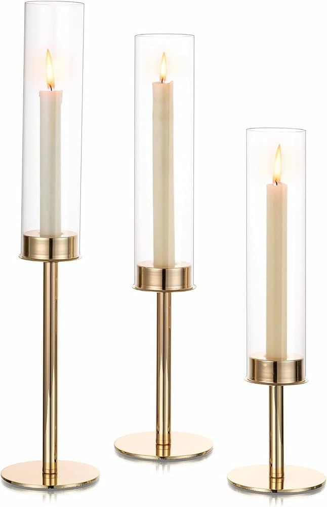 Hewory Gold Candle Holders Hurricane Candlestick Holders, 3Pcs Candle Stick Candle Holder Candela... | Amazon (US)