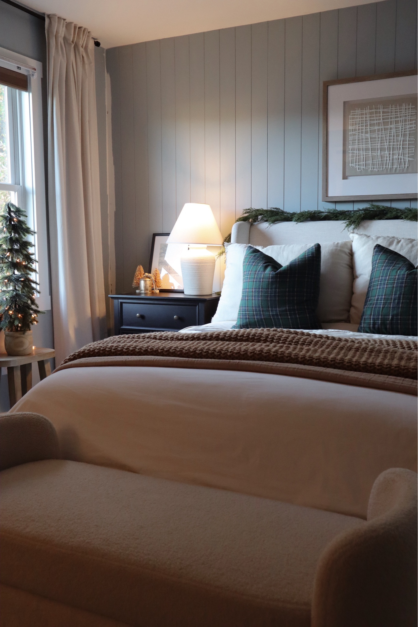 Christmas bedroom, Christmas decor, blue bedroom, vertical shiplap bedroom, Behr half sea fog, primary bedroom inspiration, Sherpa bench, castlery dalton bed, tartan pillows

#LTKHoliday #LTKHome