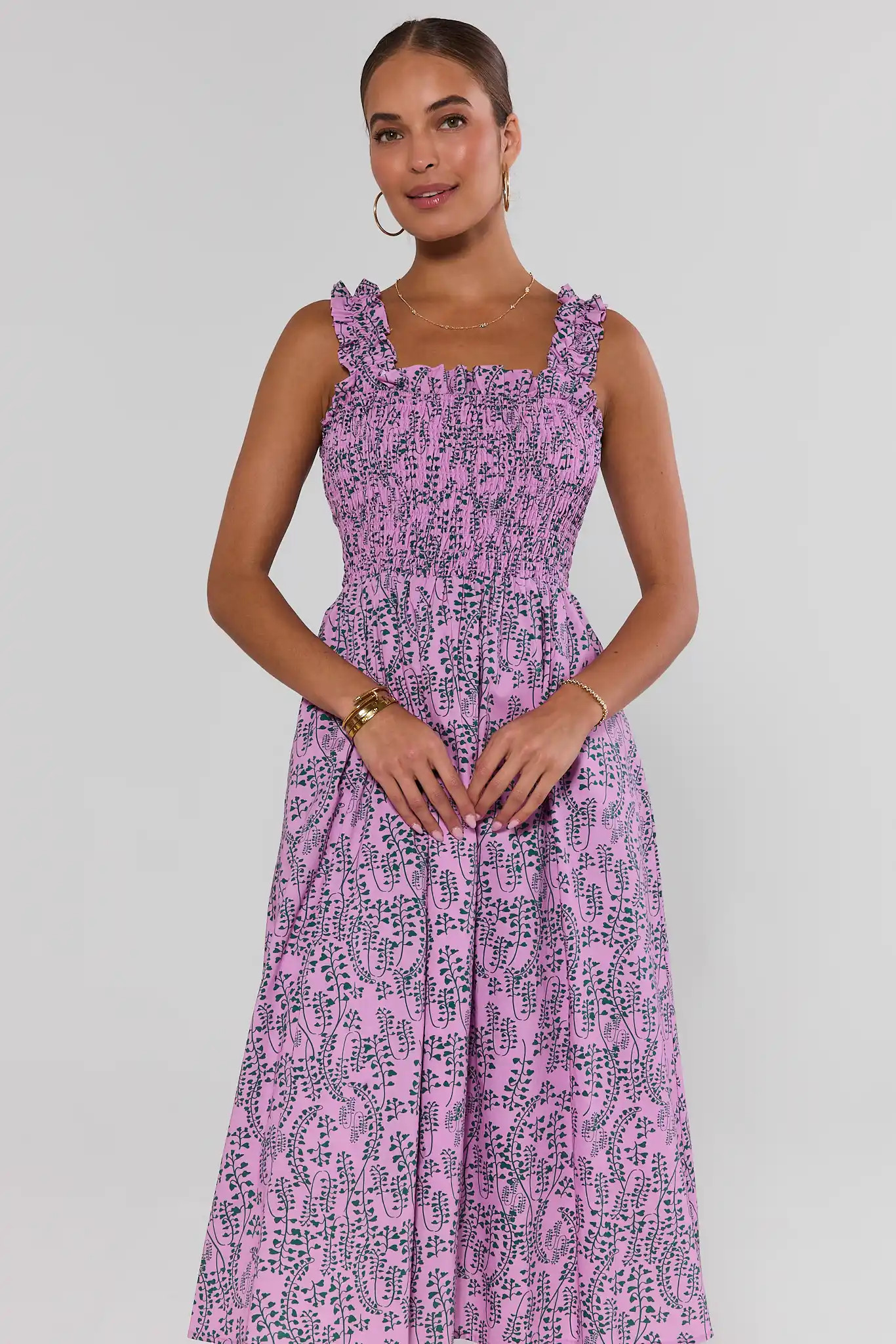 Pink Printed Smocked Midi Dress | Avara