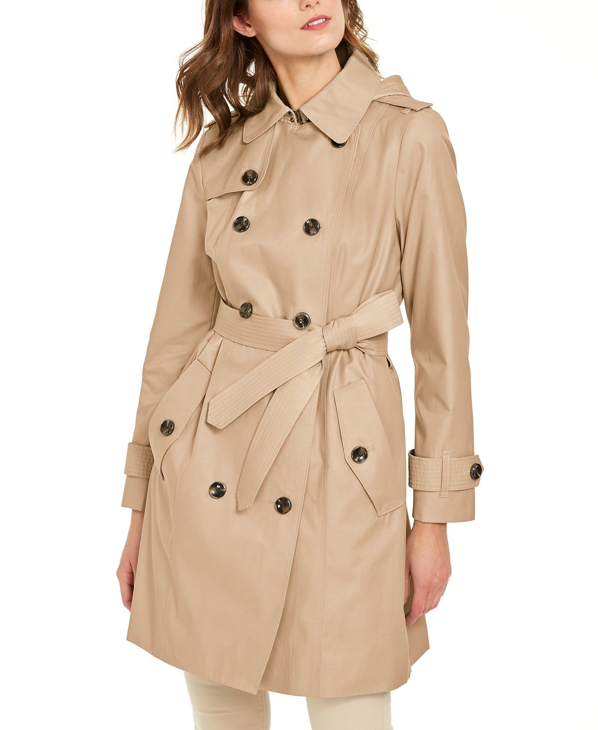 Double-Breasted Hooded Water-Repellent Trench Coat | Macys (US)