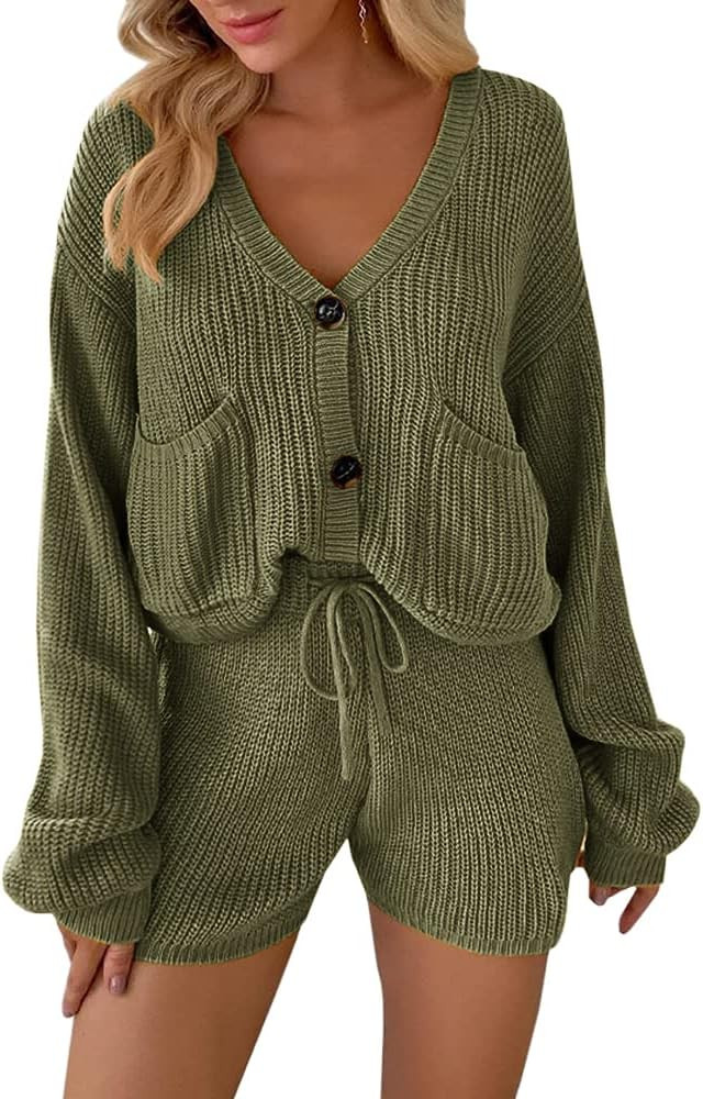 Womens 2 Piece Sweater Sets Long Sleeve V Neck Chunky Knit Cardigan Sweatsuit and Drawstring Shorts | Amazon (US)