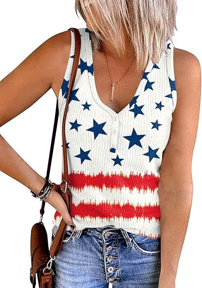 For G and PL 4th of July Women's American Flag Patriotic V Neck Sleeveless Button Tank Top Shirt | Amazon (US)