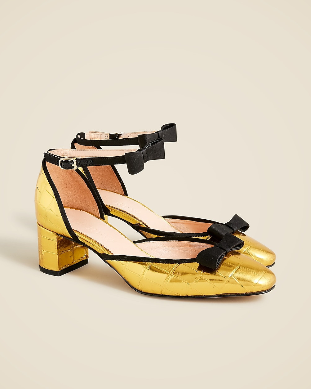 Millie bow ankle-strap heels in metallic croc-embossed leather | J. Crew US