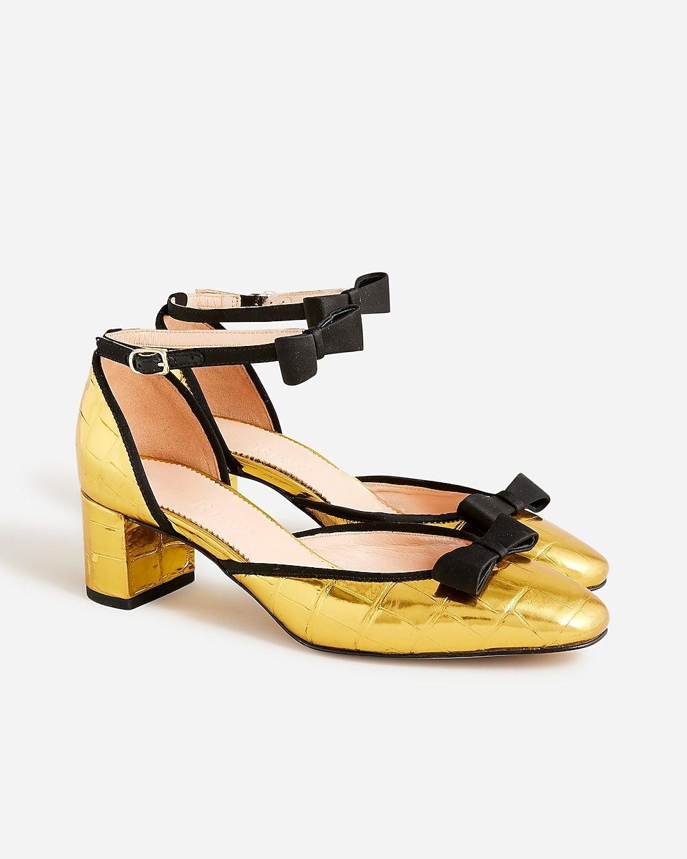 Millie bow ankle-strap heels in metallic croc-embossed leather | J.Crew US