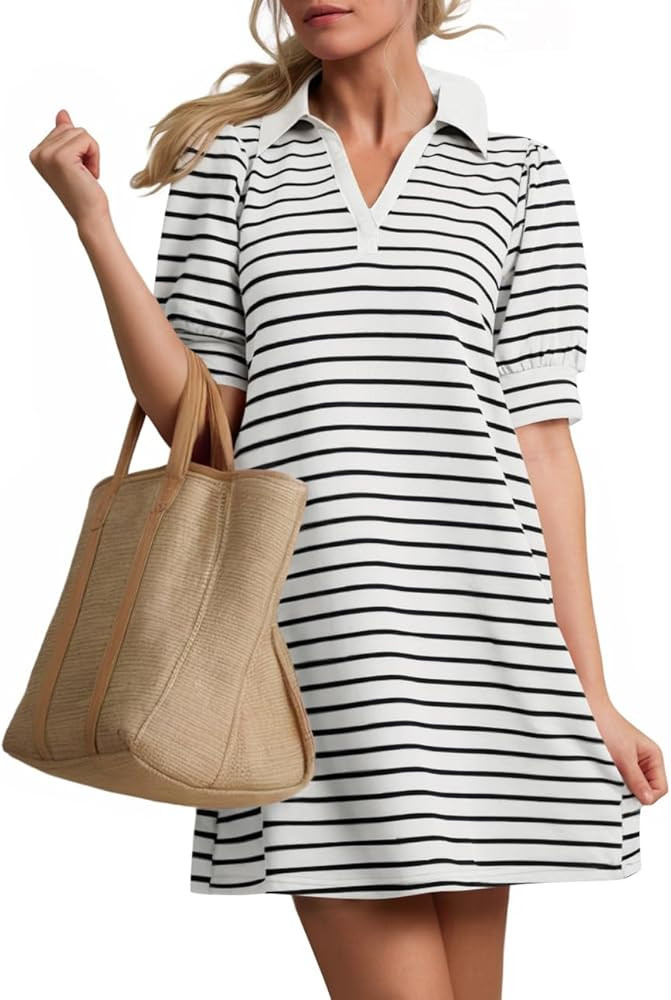 ZESICA Women's Summer Casual Striped Mini Dresses 2025 Lapel V Neck Short Sleeve Flowy A Line T S... | Amazon (US)