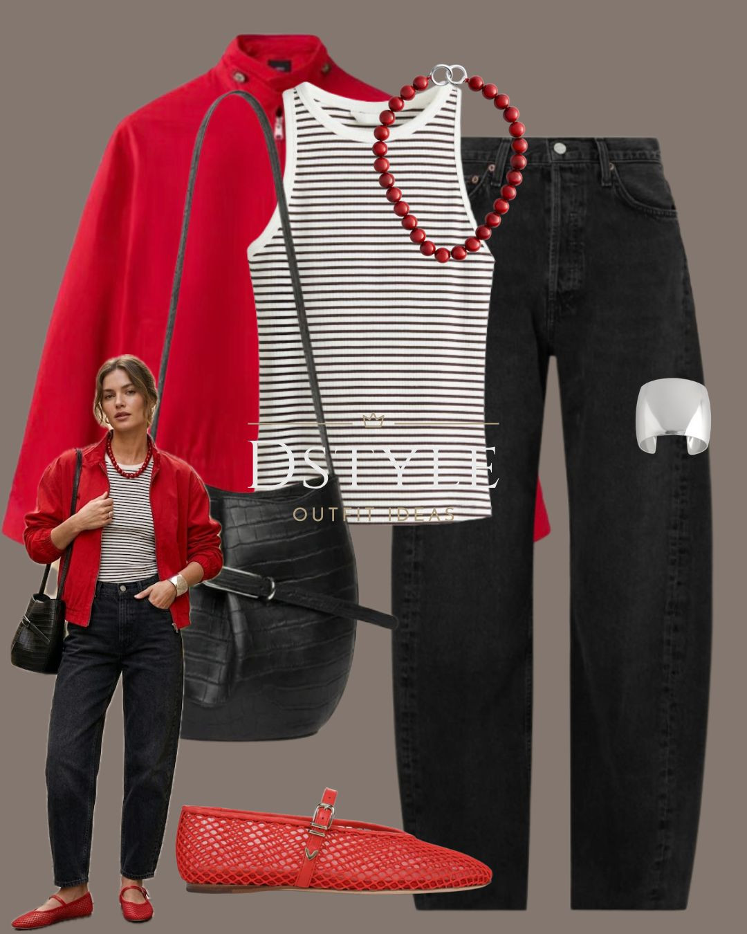 A little pop of red to elevate your casual style ❤️ Layering a bold red lightweight jacket over a timeless striped tank and high-waisted black denim. Finished the look with trendy mesh ballet flats and silver statement jewelry.

#LTKootd