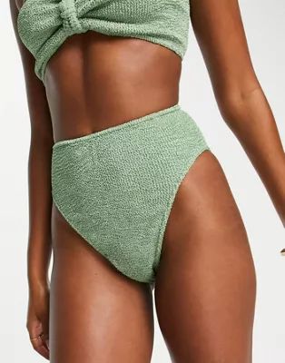 ASOS DESIGN mix and match crinkle high leg high waist bikini bottom in khaki | ASOS (Global)