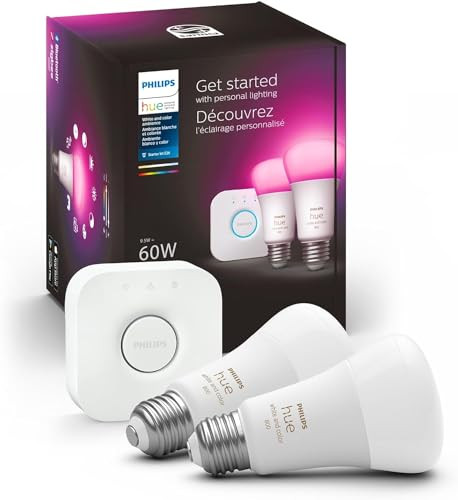 Philips Hue Smart Light Starter Kit - Includes (1) Bridge and (2) 60W A19 LED Bulb, White and Col... | Amazon (US)