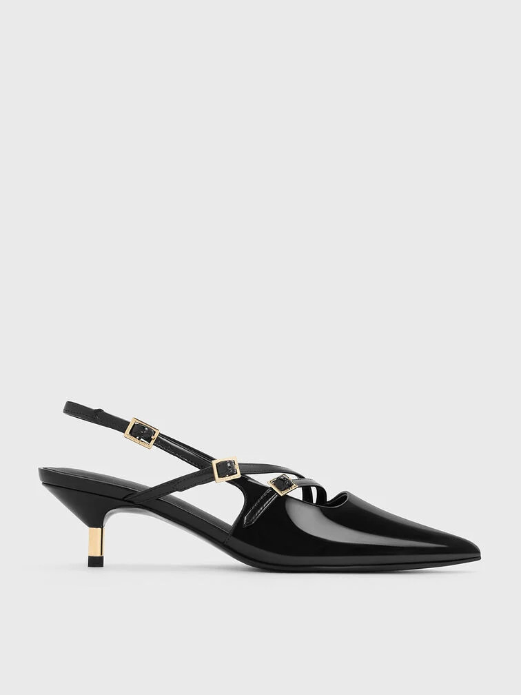 Maroon Patent Buckle-Strap Kitten Heel Slingback Pumps | CHARLES & KEITH UK | Charles & Keith UK