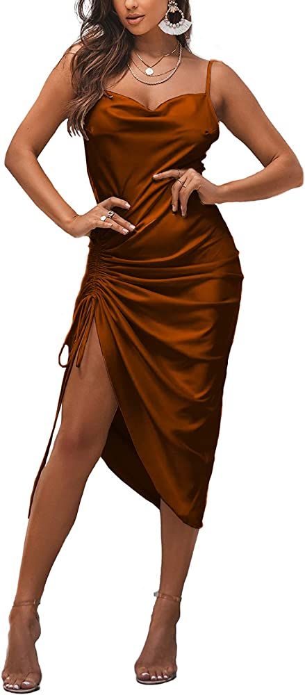 LYANER Women's Satin Spaghetti Straps Cowl Neck Sexy Ruch Cocktail Midi Dresses | Amazon (US)