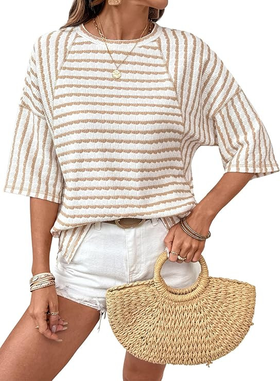 Dokotoo Womens Summer Tops Oversized Tshirts for Women Striped Color Block Short Sleeve T Shirts ... | Amazon (US)