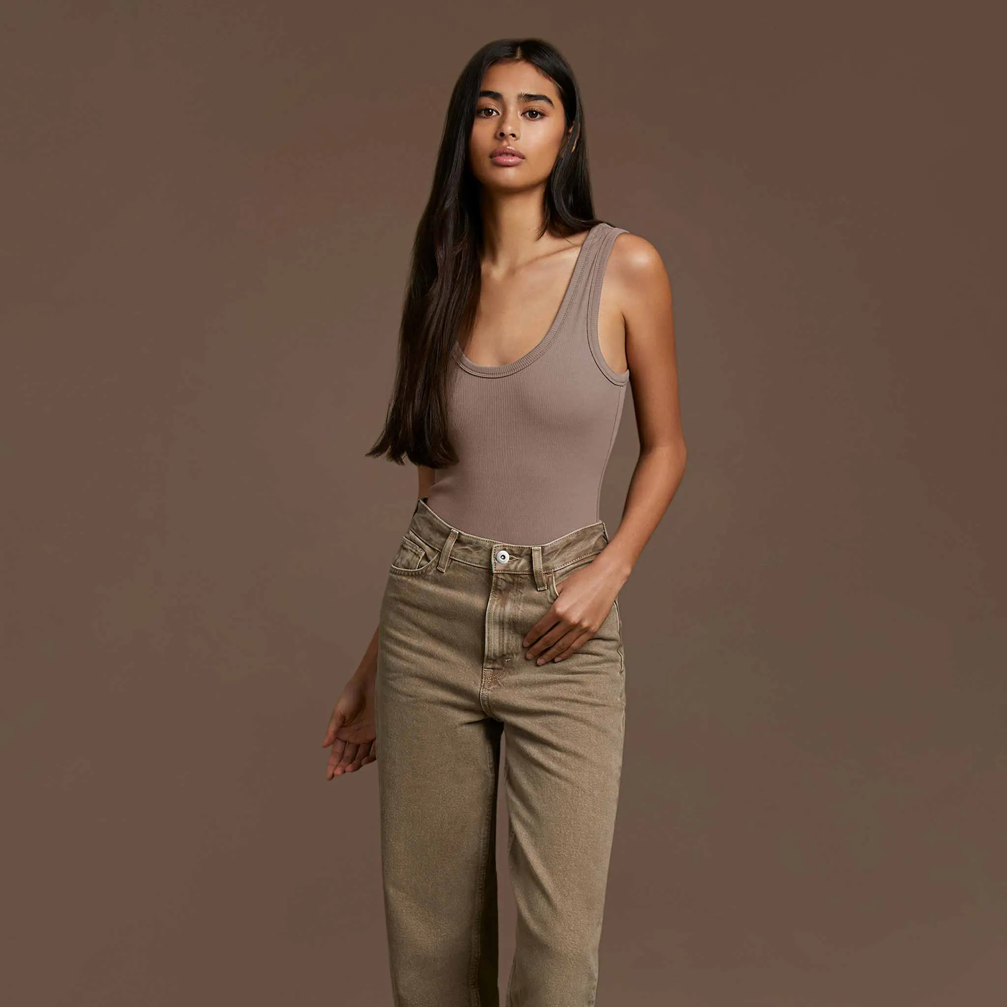 Women's Ribbed Scoop Tank Bodysuit - Mocha - nuuds | nuuds