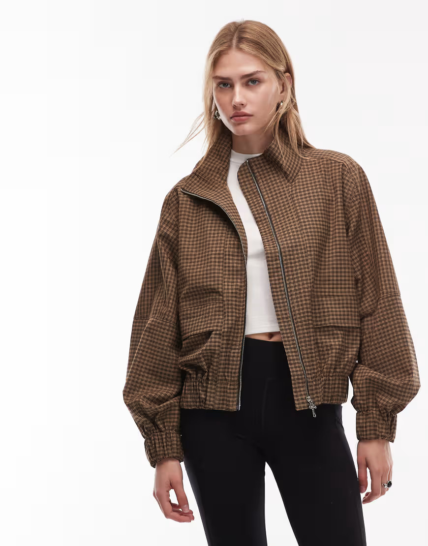 ARKET wool blend stretch bomber jacket with funnel neck in light brown check | ASOS (Global)