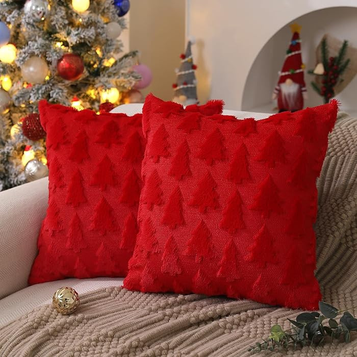DFXSZ Christmas Tree Pillow Covers 18x18 inch Set of 2 Christmas Decoration Red Soft Plush Faux F... | Amazon (US)