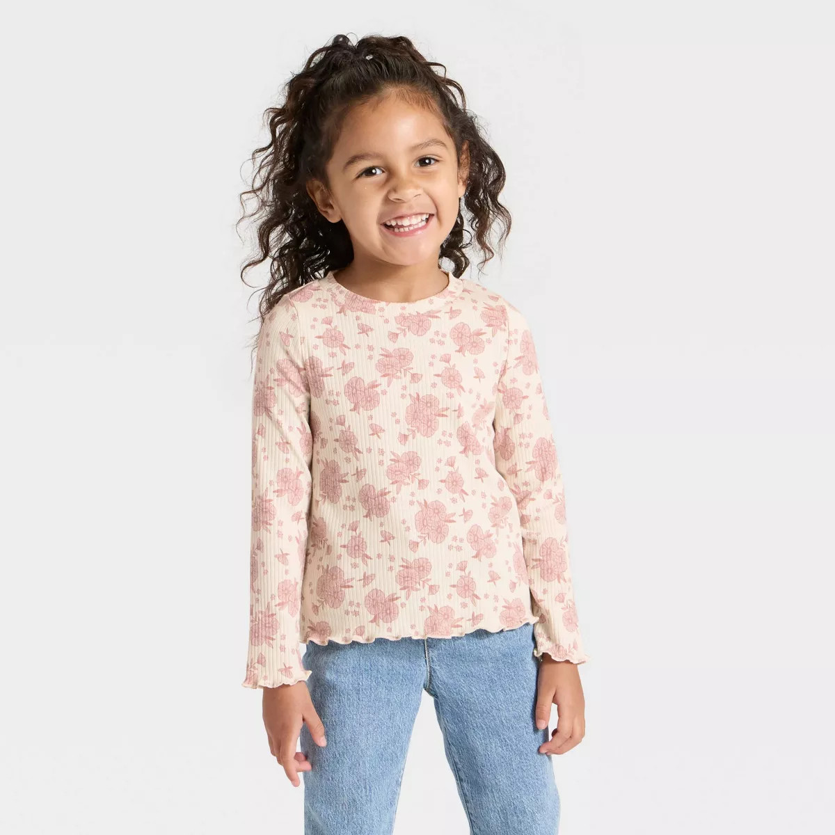Toddler Girls' Long Sleeve Floral Ribbed T-Shirt - Cat & Jack™ Beige 3T | Target