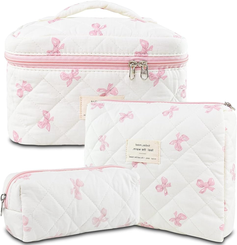 YRWE 3Pcs Quilted Makeup Bag Set, Cute Floral Cotton Cosmetic Bag, Coquette Bow Make up Bag Large... | Amazon (UK)